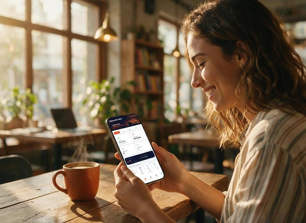 Afiliada sorrindo enquanto acompanha comissões pelo celular