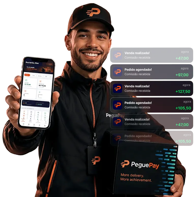 Entregador PeguePay com o aplicativo mostrando notificações de comissão